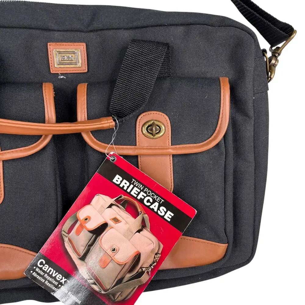 Totes Twin Pocket Briefcase Black Canvas Laptop Expandable New